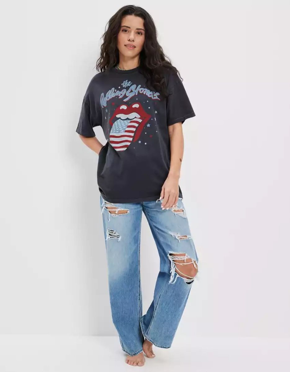 T Shirts American Eagle AE Oversized Rolling Stones Graphique Tee Noir Femme | SNK-02122845